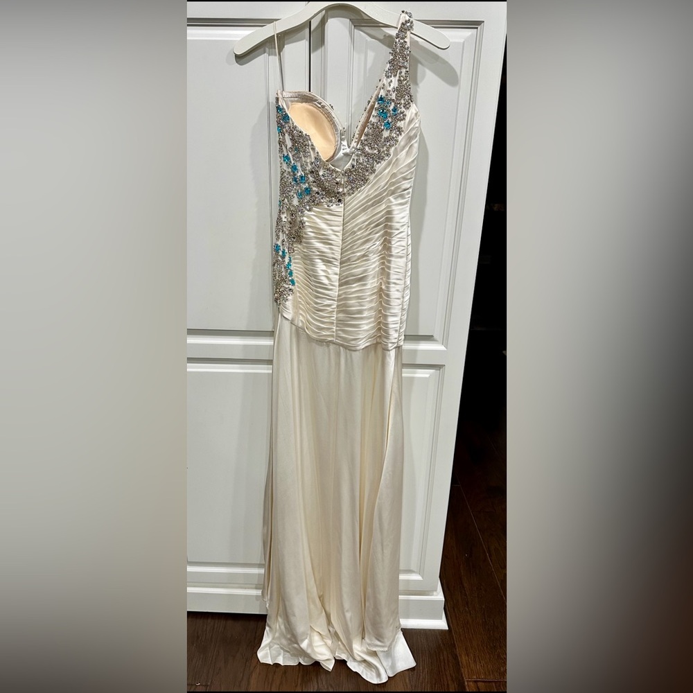 Sherri Hill Elegant White Pageant Gown w/ Large Blue & Clear Rhinestones - Picture 6 of 17